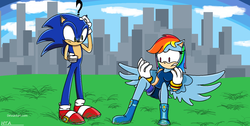 Size: 1599x803 | Tagged: safe, artist:hannahtheartistic, rainbow dash, anthro, g4, city, cityscape, crossover, duo, female, grass, male, sonic the hedgehog, sonic the hedgehog (series), sonicified