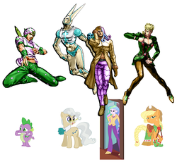 Size: 1196x1100 | Tagged: safe, applejack, mayor mare, princess celestia, principal celestia, spike, dragon, equestria girls, g4, cutie mark accessory, d4c, dirty deeds done dirt cheap, female, funny valentine, giorno giovanna, johnny joestar, jojo's bizarre adventure, mare, recolor, stand