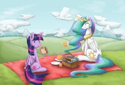 Size: 3819x2604 | Tagged: safe, artist:otakuap, princess celestia, twilight sparkle, alicorn, pony, g4, duo, eating, female, food, happy, mare, picnic, twilight sparkle (alicorn)