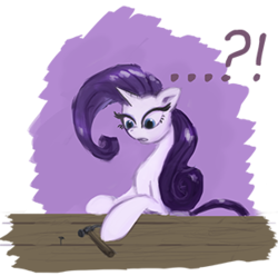 Size: 310x307 | Tagged: safe, artist:zolombo, rarity, pony, unicorn, g4, ..., exclamation point, female, frown, hammer, interrobang, leaning, mare, nail, open mouth, poking, question mark, simple background, solo, surprised, table, transparent background, wide eyes
