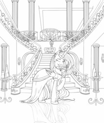 Size: 1280x1502 | Tagged: dead source, safe, artist:polkin, princess celestia, alicorn, pony, g4, clothes, column, dress, female, lineart, mare, monochrome, solo, stairs, wink