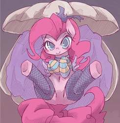 Size: 1000x1020 | Tagged: safe, artist:kolshica, pinkie pie, g4, over a barrel, belly button, clam, clothes, costume, featureless crotch, female, fishnet stockings, on back, saloon dress, saloon pinkie, scene interpretation, socks, solo, striped socks
