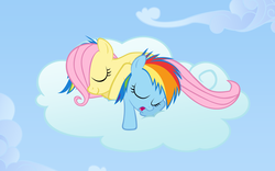 Size: 2019x1261 | Tagged: safe, artist:zacatron94, fluttershy, rainbow dash, pegasus, pony, g4, cloud, duo, duo female, eyes closed, female, filly, foal, sleeping, snoring