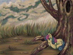 Size: 1024x768 | Tagged: safe, artist:mausefang, bon bon, sweetie drops, earth pony, pony, g4, female, grass, sad, solo, tree