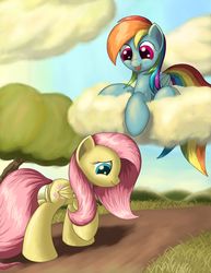 Size: 1275x1650 | Tagged: safe, artist:grennadder, fluttershy, rainbow dash, pony, g4, big hooves, cloud, cloudy, cute, female