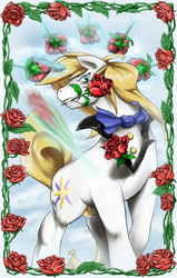 Size: 615x970 | Tagged: safe, artist:baitoubaozou, prince blueblood, pony, unicorn, g4, day, flower, flower in mouth, glowing horn, horn, looking at you, male, mouth hold, rose, rose in mouth, solo, stallion