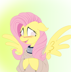 Size: 1868x1888 | Tagged: safe, artist:piterq12, fluttershy, pegasus, pony, g4, bipedal, blushing, clothes, crossover, female, floppy ears, hyuuga hinata, looking away, mare, naruto, open mouth, smiling, solo, spread wings, wings