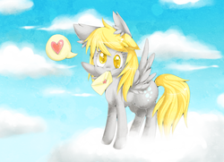 Size: 1024x740 | Tagged: safe, artist:lulu-fly, derpy hooves, pegasus, pony, g4, cloud, cloudy, female, heart, letter, mare, mouth hold, solo