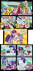 Size: 2000x4320 | Tagged: safe, artist:gray--day, carrot top, golden harvest, lily, lily valley, mayor mare, minuette, rarity, roseluck, spike, twilight sparkle, alicorn, earth pony, pony, unicorn, comic:hot stuff, g4, 2013, blushing, chilli, comic, female, food, heart eyes, mare, starry eyes, twilight sparkle (alicorn), wingding eyes