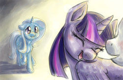 Size: 1024x669 | Tagged: safe, artist:feather-ponyart, trixie, twilight sparkle, alicorn, pony, g4, female, mare, the sad and depressive trixie, twilight sparkle (alicorn)