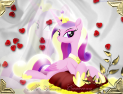 Size: 1955x1504 | Tagged: safe, artist:bludraconoid, princess cadance, g4, female, heart, pillow, solo