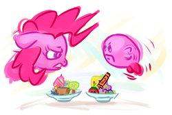 Size: 1091x732 | Tagged: safe, artist:danielpon, pinkie pie, puffball, g4, crossover, food, kirby, kirby (series)