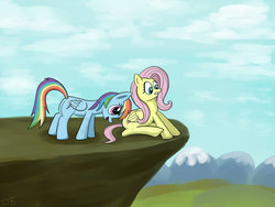 Size: 1024x768 | Tagged: safe, artist:werdkcub, fluttershy, rainbow dash, pegasus, pony, g4, butt, cliff, duo, female, mare, plot, pushing, rump push