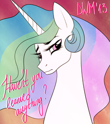 Size: 800x900 | Tagged: safe, artist:korodious, princess celestia, alicorn, pony, g4, bust, female, gradient background, looking at you, looking down, looking down at you, mare, portrait, solo, text