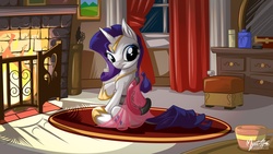 Size: 2560x1440 | Tagged: safe, artist:mysticalpha, rarity, g4, clothes, dress, female, fireplace, saddle, smiling, solo, wallpaper