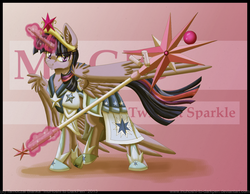 Size: 900x700 | Tagged: safe, artist:inuhoshi-to-darkpen, twilight sparkle, alicorn, pony, g4, armor, female, magical girl lyrical nanoha, mare, parody, staff, twilight sparkle (alicorn)