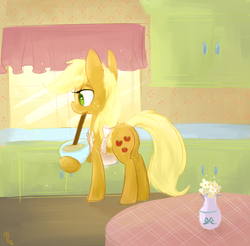 Size: 800x786 | Tagged: safe, artist:meekcheep, applejack, earth pony, pony, g4, apron, bowl, butt, clothes, cooking, cottagecore, female, flower, interior, kitchen, mare, mouth hold, plot, solo, table, vase