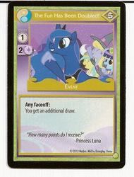 Size: 487x640 | Tagged: safe, enterplay, cloud kicker, princess luna, sassaflash, sunshower raindrops, g4, gencon, my little pony collectible card game, ccg, merchandise