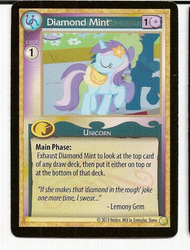 Size: 487x640 | Tagged: safe, enterplay, diamond mint, pony, unicorn, g4, gencon, my little pony collectible card game, premiere, background pony, ccg, clothes, eyes closed, female, flower, flower in hair, implied lemony gem, mare, merchandise, raised hoof, saddle, skirt, solo focus, tack