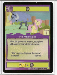 Size: 487x640 | Tagged: safe, edit, edited screencap, enterplay, screencap, fluttershy, iron will, g4, gencon, my little pony collectible card game, ccg, crap past the radar, merchandise, out of context