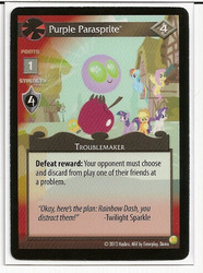 Size: 477x640 | Tagged: safe, enterplay, applejack, fluttershy, rainbow dash, rarity, twilight sparkle, parasprite, g4, gencon, my little pony collectible card game, ccg, merchandise