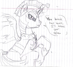 Size: 1638x1506 | Tagged: safe, artist:buttercupsaiyan, flash sentry, alicorn, pony, g4, dialogue, grayscale, lined paper, monochrome, prince flash sentry, race swap, solo, speech bubble, traditional art