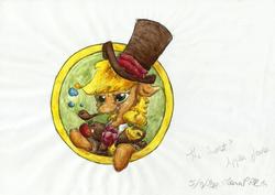 Size: 2317x1644 | Tagged: safe, artist:394vikingpinkiepie, applejack, g4, apple, clothes, female, hat, pipe, solo