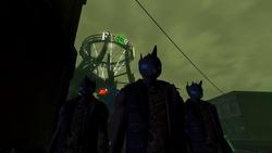 Size: 1152x648 | Tagged: safe, changeling, anthro, 3d, clothes, fallout: new vegas, freeside, mod, night, pipboy