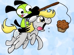 Size: 512x386 | Tagged: safe, artist:amberlea-draws, derpy hooves, pegasus, pony, g4, derp, female, flying, gir, invader zim, mare, muffin