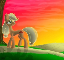 Size: 650x610 | Tagged: safe, artist:keychainz, applejack, g4, female, looking back, solo, sunset, tree