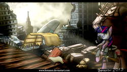 Size: 1191x670 | Tagged: safe, artist:bonaxor, twilight sparkle, pony, unicorn, g4, ak-74, butt, bygone civilization, city, clothes, dystopia, female, future, gas mask, gun, jacket, metro 2033, plot, post-apocalyptic, rifle, russian, solo