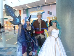 Size: 4608x3456 | Tagged: safe, artist:digitallee, artist:dreambringr, artist:snowscimitar, discord, nightmare moon, princess celestia, human, g4, convention, cosplay, irl, irl human, photo, weapon, wondercon, wondercon 2013