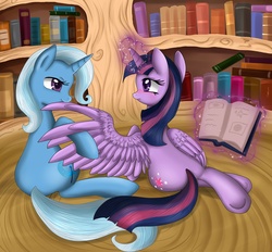 Size: 3748x3479 | Tagged: safe, artist:pridark, trixie, twilight sparkle, alicorn, pony, g4, blushing, female, lesbian, mare, preening, ship:twixie, shipping, twilight sparkle (alicorn)