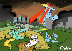 Size: 1400x1000 | Tagged: safe, artist:cider, gilda, lightning dust, rainbow dash, griffon, pegasus, pony, zombie, g4, anime, dashstorm, eye beams, fight, giant pony, gildust, gun, hilarious in hindsight, macro, multeity, parody