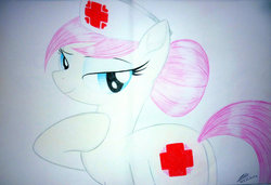 Size: 1024x700 | Tagged: safe, artist:bludraconoid, nurse redheart, earth pony, pony, g4, female, lidded eyes, mare, solo, traditional art