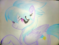 Size: 1024x768 | Tagged: safe, artist:bludraconoid, cloudchaser, pegasus, pony, g4, bedroom eyes, butt, female, large wings, looking at you, mare, plot, raised hoof, smiling, solo, traditional art, wings