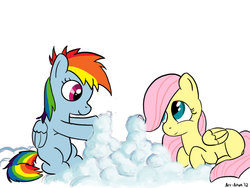 Size: 900x675 | Tagged: safe, artist:aa, fluttershy, rainbow dash, pegasus, pony, g4, cloud, cloud sculpting, female, filly, filly fluttershy, filly rainbow dash, simple background, white background, younger