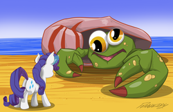 Size: 1700x1100 | Tagged: dead source, safe, artist:slitherpon, rarity, crab, giant crab, pony, unicorn, g4, banjo kazooie, beach, butt, crossover, derp, duo, ear fluff, ear tufts, female, glowing horn, horn, magic, mare, nipper, open mouth, plot, rareware, rarity fighting a giant crab