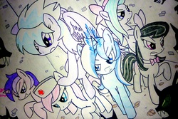 Size: 2016x1348 | Tagged: safe, artist:bludraconoid, cloudchaser, flitter, minuette, nurse redheart, octavia melody, sea swirl, seafoam, changeling, earth pony, pegasus, pony, unicorn, g4, traditional art