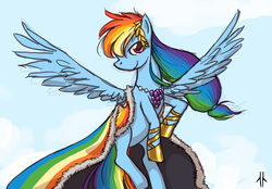 Size: 753x525 | Tagged: safe, artist:corpsecrow, rainbow dash, pegasus, pony, g4, clothes, dress, female, flying, gala dress, looking at you, sky, smiling, solo