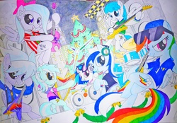 Size: 2048x1428 | Tagged: safe, artist:bludraconoid, cloudchaser, dj pon-3, flitter, lightning bolt, lyra heartstrings, minuette, rainbow dash, vinyl scratch, white lightning, pegasus, pony, g4, christmas, drums, female, guitar, harp, mare, musical instrument, sunglasses, traditional art, turntable