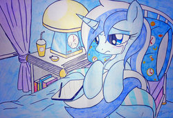 Size: 1024x701 | Tagged: safe, artist:bludraconoid, minuette, pony, unicorn, g4, bed, book, crying, female, sad, solo, traditional art