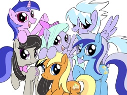 Size: 1024x768 | Tagged: safe, artist:bludraconoid, apple cobbler, cloudchaser, flitter, minuette, octavia melody, sea swirl, seafoam, g4, apple family member