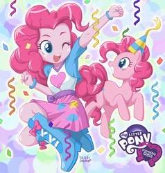 Size: 750x789 | Tagged: safe, artist:uotapo, pinkie pie, earth pony, human, pony, equestria girls, g4, boots, clothes, confetti, cute, diapinkes, equestria girls logo, female, hat, heart, human ponidox, mare, one eye closed, open mouth, party hat, self ponidox, shirt, shoes, skirt, smiling, square crossover