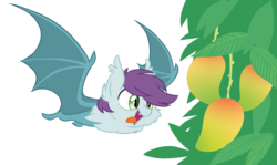 Size: 1524x908 | Tagged: safe, artist:equestria-prevails, oc, oc only, oc:moon moon, bat, fruit bat, cute, eyes on the prize, flying, mango, open mouth, simple background, smiling, solo, species swap, spread wings, tongue out, transparent background