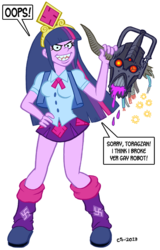 Size: 575x900 | Tagged: safe, artist:curtsibling, twilight sparkle, human, robot, equestria girls, g4, breasts, clothes, death, decapitated, female, murder, purple blood, severed head