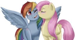 Size: 900x486 | Tagged: safe, artist:justsayapple, fluttershy, rainbow dash, g4, female, kissing, lesbian, ship:flutterdash, shipping