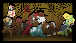 Size: 1280x720 | Tagged: safe, artist:madmax, oc, oc only, oc:double tap, oc:dreamer, oc:paharita, oc:prodigious peddler, oc:sun beam, griffon, pony, unicorn, fallout equestria, fallout equestria: anywhere but here, angry, bipedal, clothes, fanfic, female, gun, handgun, levitation, magic, male, mare, pistol, sleeping, stallion, tales of a junk town pony peddler, telekinesis, this will not end well