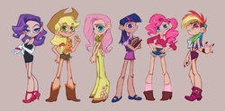 Size: 900x442 | Tagged: safe, artist:stenopee, applejack, fluttershy, pinkie pie, rainbow dash, rarity, twilight sparkle, human, g4, belly button, clothes, devil horn (gesture), evening gloves, humanized, line-up, mane six, midriff, suspenders