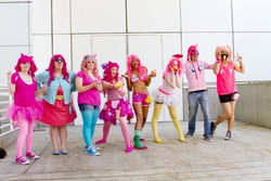 Size: 5184x3456 | Tagged: safe, artist:marisuga, artist:xaleux, pinkie pie, human, g4, animal costume, anime expo, belly button, chicken pie, chicken suit, clothes, convention, cosplay, costume, diverse body types, group photo, irl, irl human, pantyhose, photo, physique difference, socks